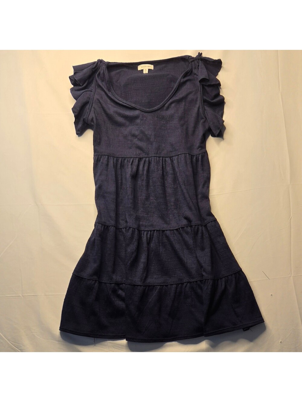 Max Studio Navy Blue Knit Tiered Ruffle Sleeve Babydoll Mini Dress Size M